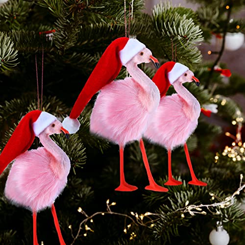 Jexine 3 Pack Pink Flamingo Christmas Ornaments - Plush Santa Hat Xmas Tree Decor
