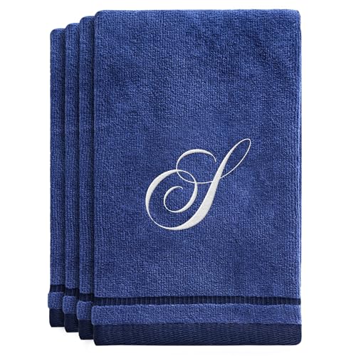Monogrammed Navy Blue Fingertip Towels - 4 Pack Soft Cotton Velour Set