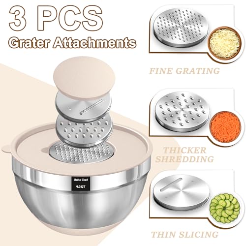Stainless Steel Mixing Bowls with Airtight Lids & Grater Attachments
