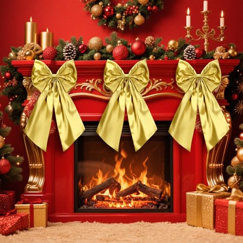 3 Pcs 2 ft Large Gold Christmas Bow Decorations Big Satin Bows Hanging Wall Decors for Room Fireplace Coquette Birthday Backdrop Bridal Shower Wedding Bachelorette Christmas Party Supplies
