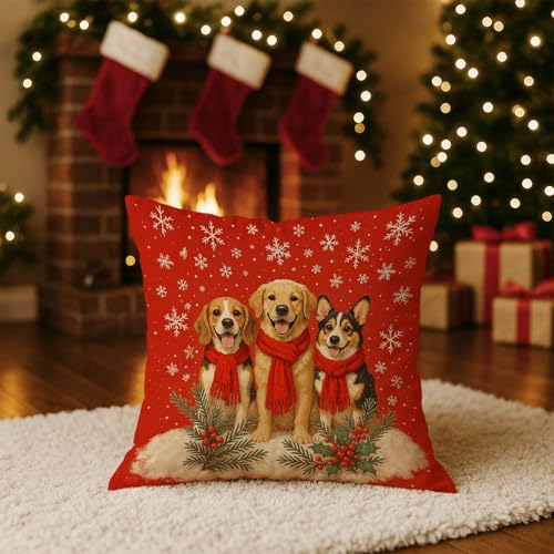 IVN Christmas Dog Trio Pillow Covers 18x18 Inch Set of 2 - Retrievers Holiday Decor