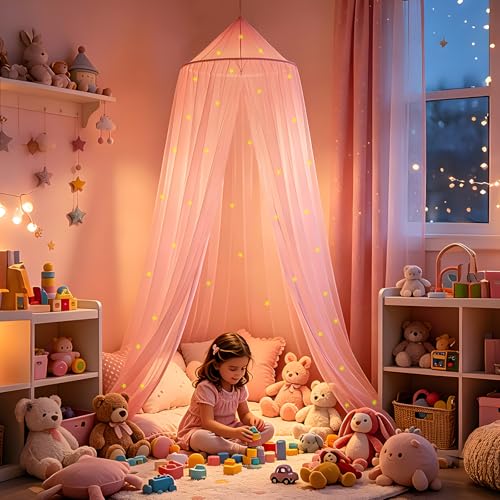 Glow-in-the-Dark Stars Pink Bed Canopy - Princess Netting for Kids Bed