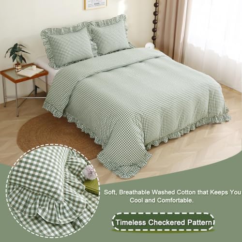 Sage Green Plaid Ruffle Duvet Cover Set - 100% Cotton, Full Size
