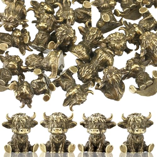 24 Pcs Mini Highland Cow Figurines, 0.59 Inch Vintage Brass Metal Statues