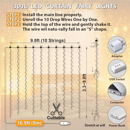 HXWEIYE 300LED Fairy Curtain Lights 9.8x9.8Ft USB Remote Warm White
