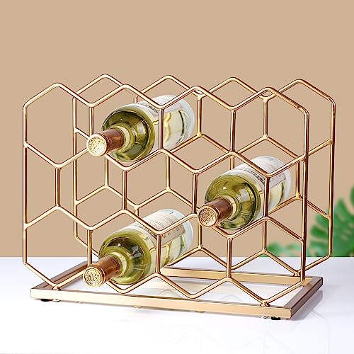14-Bottle Geometric Metal Wine Rack - Freestanding Gold Countertop Holder