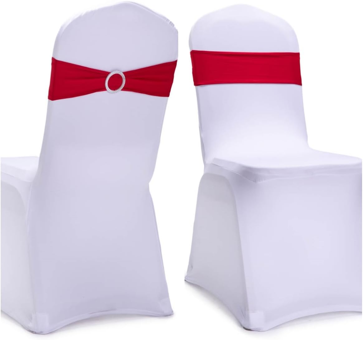 Red Chair Sashes - 10 Pack Stretch Spandex Elastic Chair Bows with Buckle for Wedding Decor