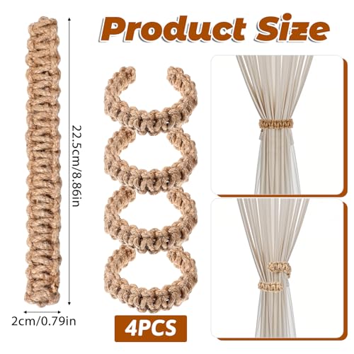 4-Pack Braided Boho Curtain Tiebacks, Rustic Flexible Rope Holdbacks