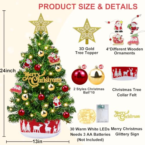 Grandeal 24-Inch Green Mini Christmas Tree with Lights & Ornaments, Timer