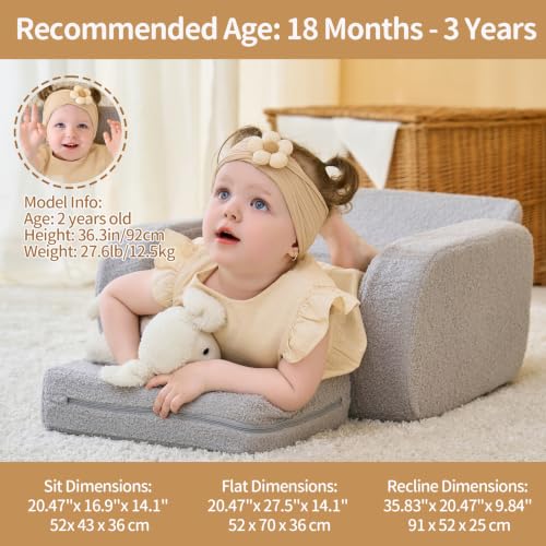 3-in-1 Foldable Toddler Couch and Sleeper Bed - Gray Sherpa Fleece