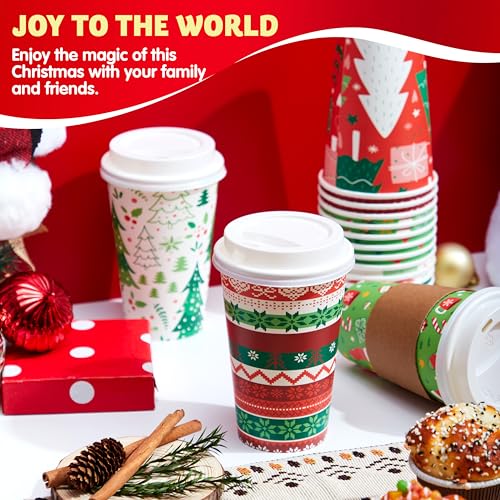 Bright Christmas Disposable Paper Cups 16 oz - 24 Pack with Lids & Sleeves