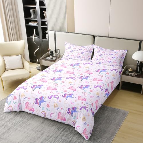 Queen Size Cotton Duvet Cover Set - Purple Unicorn Rainbow Floral Bedding