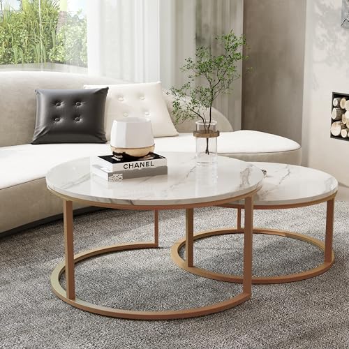 Modern Round Nesting Coffee Table Set of 2, Faux Marble Top with Gold Frame