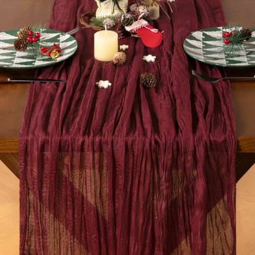 Jimtx 3 Pack Burgundy Cheesecloth Table Runners Fall Boho Decor 17x108 inches