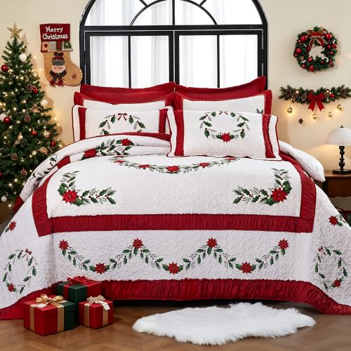 EVENHUG Christmas Quilt Set King Size 3 Pieces with Pillow Shams – Red B Floral Lightweight Bedspread