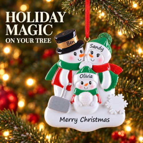 Personalized Snowman Family of 3 Christmas Ornament with Snow Shovel - Holiday Decor