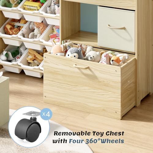 Solid Pine Kids Toy Storage Organizer with 9 Bins, 2 Drawers and Toy Chest