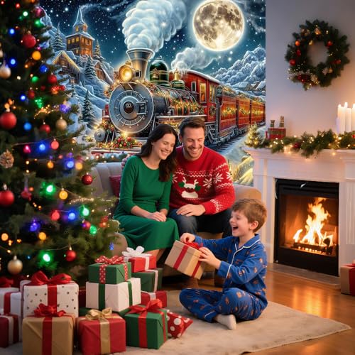 DYNH Christmas Steam Train Tapestry 60x40 Inches Snow Moon Mountain Cabin Railway Wall Hanging for Kids Bedroom & Living Room Decor