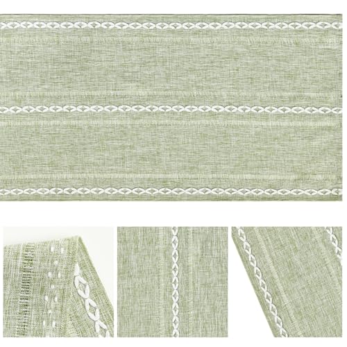 Sage Green Cotton Linen Table Runner - Embroidered Hollow 13x72 Inch