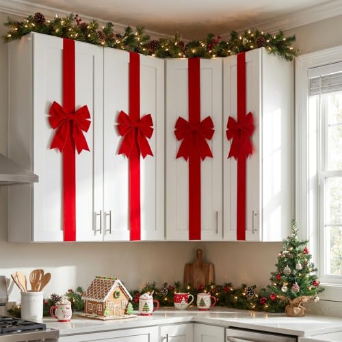 9 Pcs Christmas Red Velvet Cabinet Bows with Adjustable Ribbons - Holiday Kitchen Decor