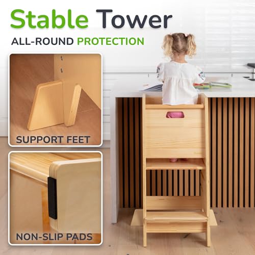Adjustable Wooden Toddler Learning Tower with Safety Door & Non-Slip Steps