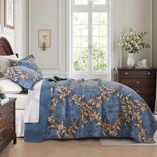 100% Cotton King Quilt Set - Reversible Blue Damask 3-Piece Bedspread
