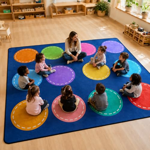 5x7 Ft Kids Classroom Seating Rug - Colorful Circle Non-Slip Play Mat