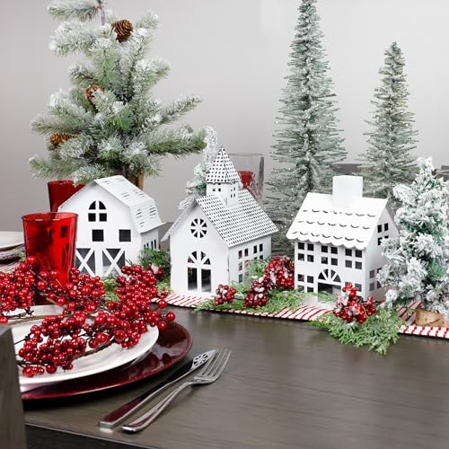 White Metal Farmhouse Christmas Village Set of 3 Candle Lantern Houses