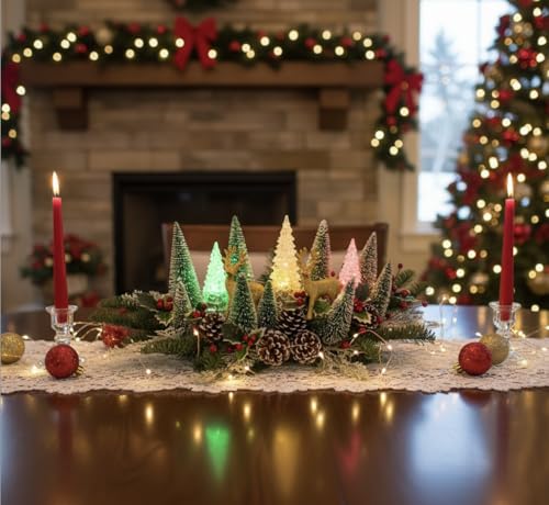 Lighted Christmas Centerpiece with LED Acrylic Trees & Gold Reindeer, Flocked Pine, Timer, Holiday Decor