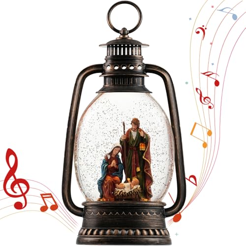 EDDORUNNING 12.6 Inch Nativity Snow Globe Lantern with Jesus - Silent Night Music, 6-Hour Timer