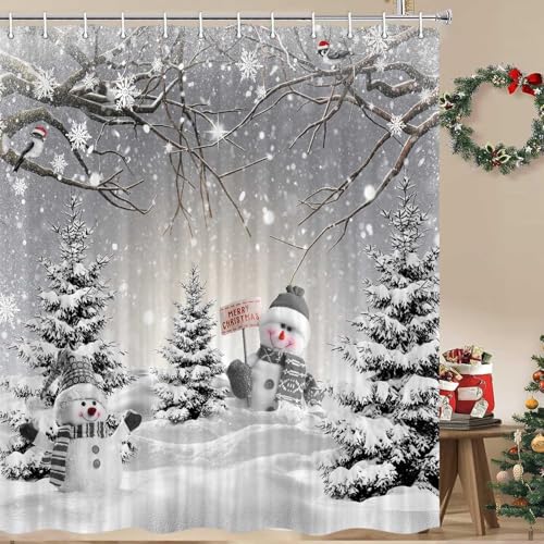 Grey Winter Christmas Shower Curtain 72x72in - Snowman Forest Scene, Waterproof