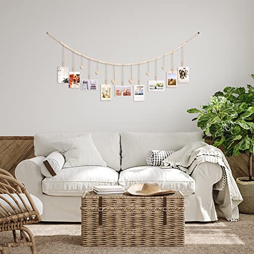Boho Wood Bead Hanging Photo Display with 9 Clips & Heart Tags