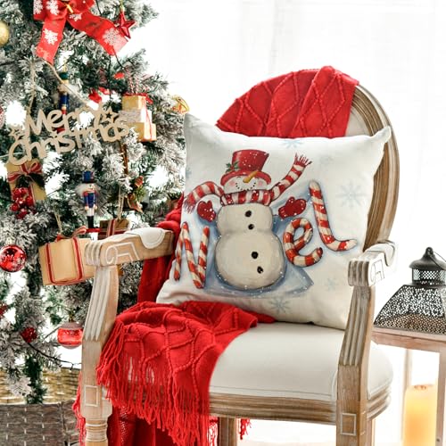 Christmas Snowman Candy Cane Throw Pillow Cover 18x18 Inch Red Noel Seasonal Home Decor