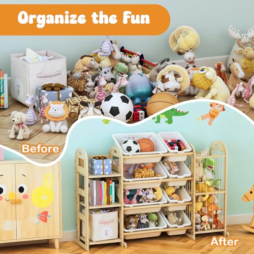 Solid Pine Toy Storage Organizer with 8 Bins and 3 Shelves