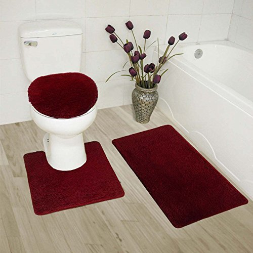 3-Piece Solid Bathroom Rug Set with Non-Slip Backing - Burgundy
