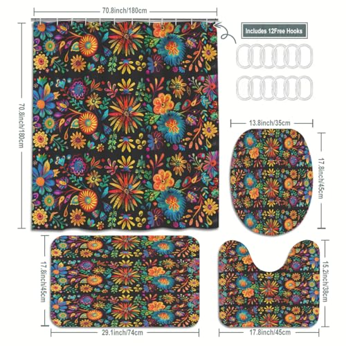 Mexican Floral 4-Piece Bathroom Set with Shower Curtain & Mats - Black