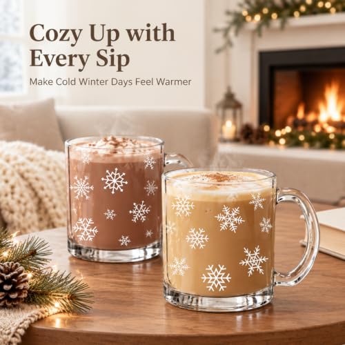 Tioncy 12 oz 2-Piece Snowflake Glass Coffee Mugs with Handle – White, Pack of 2