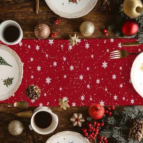 Ldtrchee Red Snowman Christmas Table Runner 13 x 120 In Cotton Linen, Winter Snowflake Decor