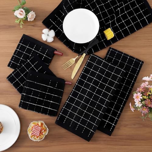 8-Piece Cotton Kitchen Towel and Dishcloth Set, Absorbent Checkered Black