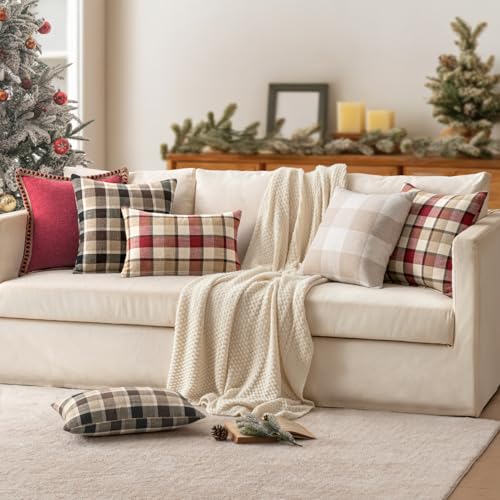MIULEE Christmas Plaid Pillow Covers 18x18 Inches Pack of 2 Red & Tan Holiday Decor