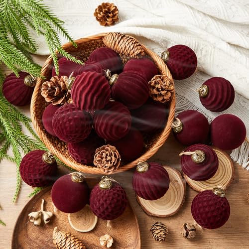 Bornerwhite 24 Pcs Burgundy Velvet Scented Christmas Balls 2.36 Inch - Flocked Holiday Ornaments for Xmas Tree & Decor