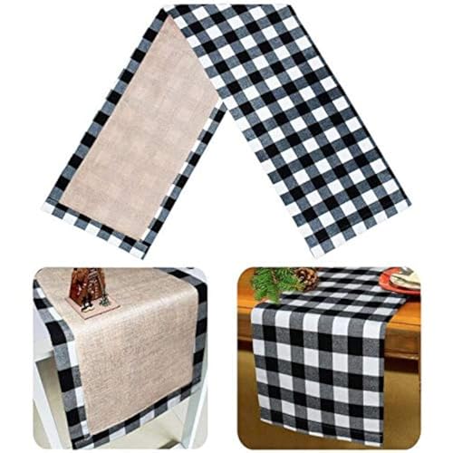 Senneny 14 x 108 Inch Reversible Black and White Buffalo Plaid Christmas Table Runner