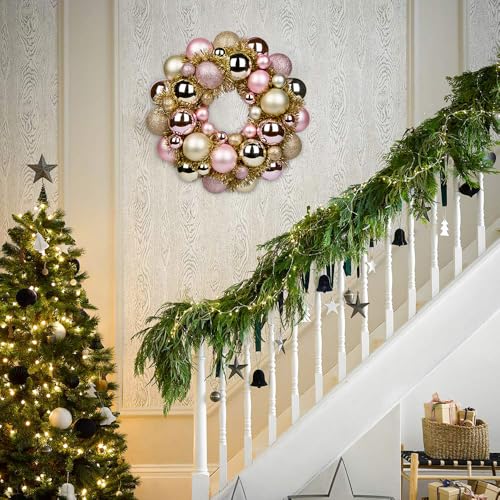 13-Inch Christmas Ball Wreath, Shatterproof Ornament Garland for Holiday Decor
