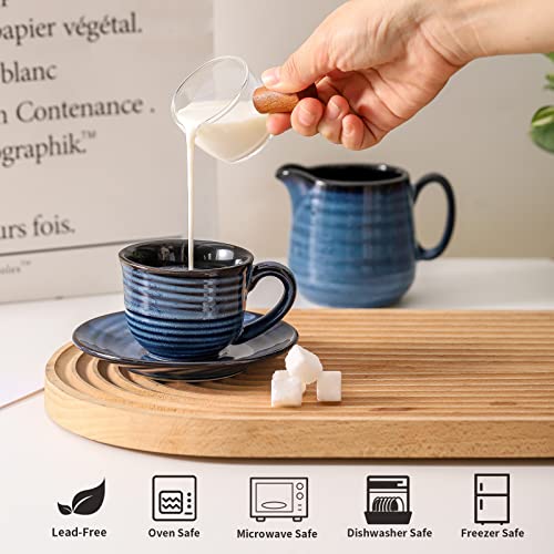 HASENSE Navy Blue 4oz Espresso Cups Set of 4 with Saucers - Small Ceramic Coffee Mugs for Espresso, Cappuccino, Tea, Latte