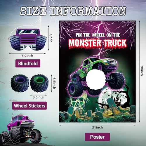 Monster Truck Pin the Wheel Birthday Party Game Set with Poster & Stickers