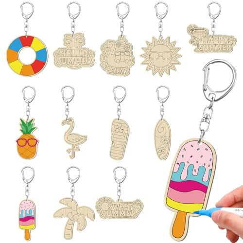 24 Pcs DIY Wooden Keychain Craft Kit - Summer Themed Party Favors