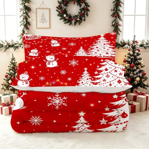 EDGZKO Christmas Snowman Comforter Set Full Red/White, 79x90 inch, 2 Pillowcases