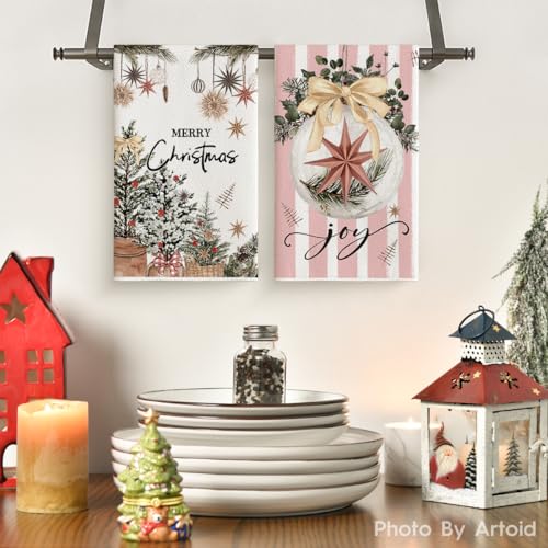 Pink Christmas Kitchen Towels Set of 4 18x26 Inches - Artoid Mode Holiday Dish Cloths