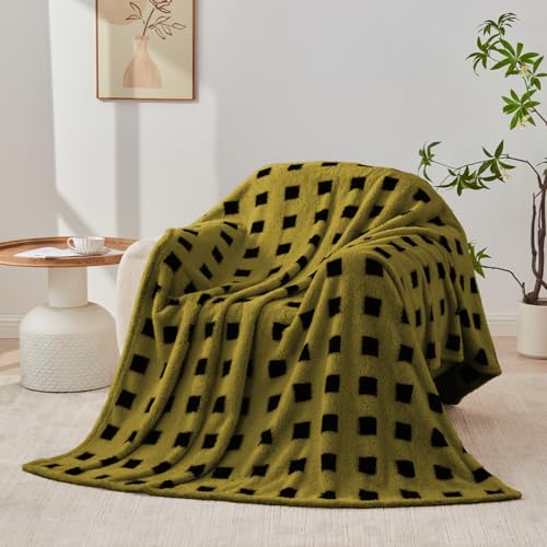 King Size Fuzzy Blanket 320GSM Olive Green Plaid Throw - 108x90 Inches