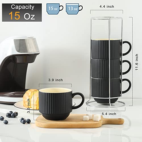 HASENSE Matte Black 15oz Ceramic Coffee Mug Set of 4 with Metal Stand